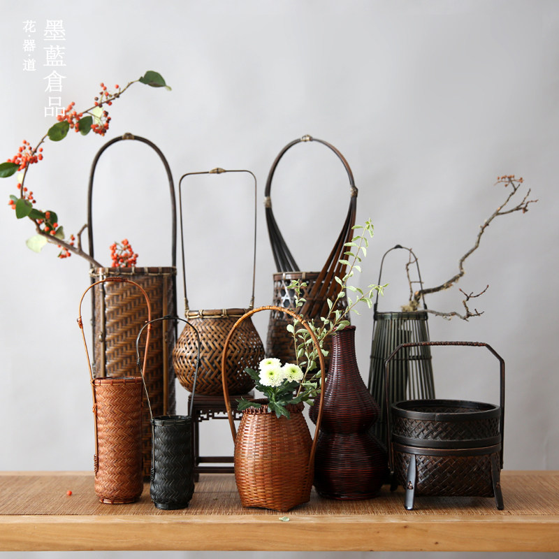 Hand-woven small flower basket ornaments baskets Bamboo vases Floral vessels Zen Chinese-style Japanese flower arrangement utensils Floral baskets