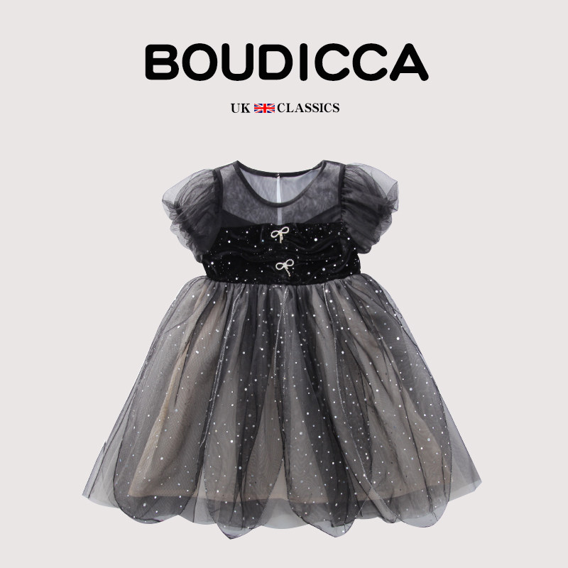 British BOUDICCA girls princess dress summer dress children's dress new puff sleeve mesh skirt female black dress
