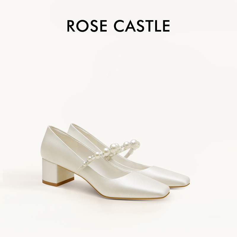 Moonlight Song Rose Castle White Satin Mary Jane Wedding Shoes Main Fabric Bridal Shoes Chunky Heel Comfortable Shoes