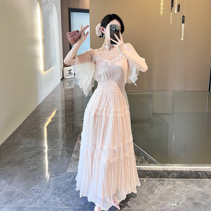 Missni “Sakura Fairy” French-Style Heavy Lace Splicing Silk Mulberry Silk Waist-Cinching Fairy-Like Dress