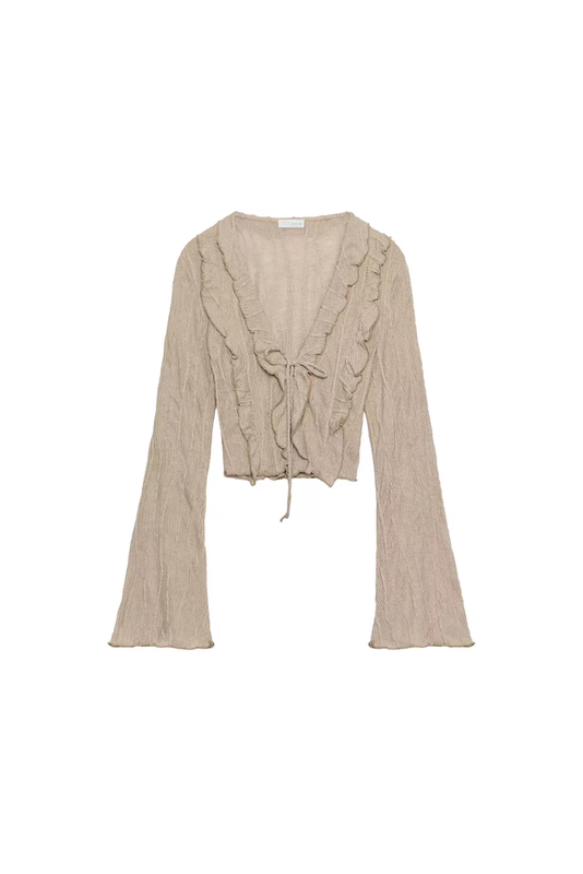 Women's Long-Sleeved V-Neck Layered Short Top with Bow Decoration 1131300 Women's Long-Sleeved V-Neck Layered Short Top with Bow Decoration 1131300
