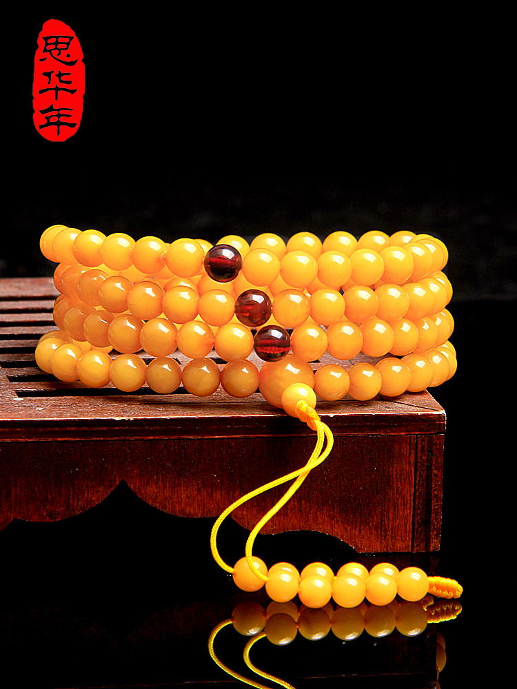 Sihuannian natural beeswax hand string 108 Buddha beads necklace Old honey chanterelle yellow amber hand chain for men and women