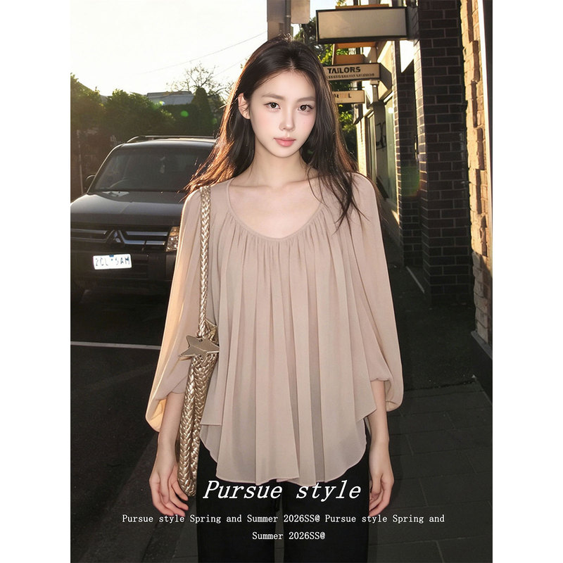 【Nude Mist Draping】2026 New Chiffon Blouse for Women, Summer Thin Sunscreen Cover-Up with Stylish Pleated Design, Trendy Top 【Nude Mist Draping】2026 New Chiffon Blouse for Women, Summer Thin Sunscreen Cover-Up with Stylish Pleated Design, Trendy Top