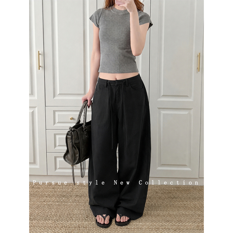【Ebony Agarwood】Black Draped Wide-Leg Pants for Women, Summer Drawstring Casual Scimitar Pants, Pear-Shaped Body Type Long Pants 【Ebony Agarwood】Black Draped Wide-Leg Pants for Women, Summer Drawstring Casual Scimitar Pants, Pear-Shaped Body Type Long Pants
