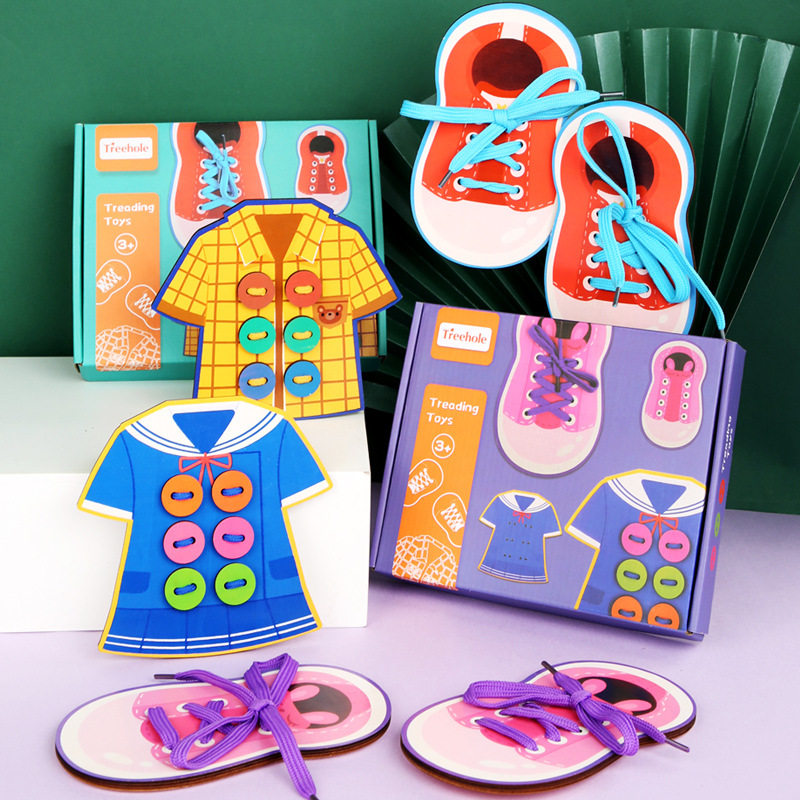 Montessori wooden shoelace sewing button game fine movement children's early education puzzle threading toys - Taobao