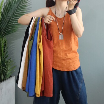 Artistic Versatile V-Neck Camisole 2022 New Bamboo Cotton Solid Color Inner Wear Loose Base Shirt for Women