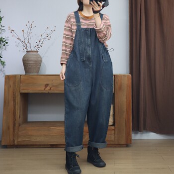 2024 Autumn New Bamboo Denim Overalls Women's Retro Fashion Casual Loose Playful Age-Reducing Jumpsuit