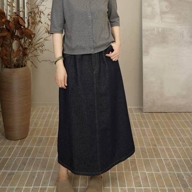 2025 Autumn Retro Old Money Style Belted Denim Skirt for Women Elastic Waist Loose Slimming Slit A-Line Skirt