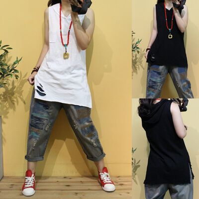 Clearance sale special offer: Hooded solid color perforated bamboo-joint cotton vest for women. Loose, casual and versatile. Split mid-length inner layer