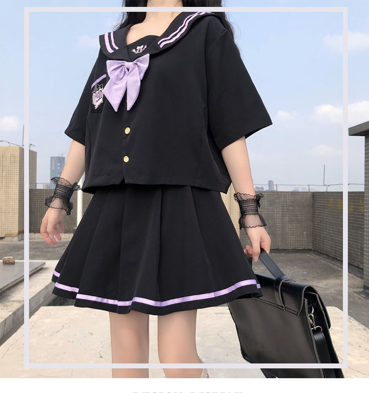 女装 襟ライン付き大きなリボン半袖セーラー服上下セット