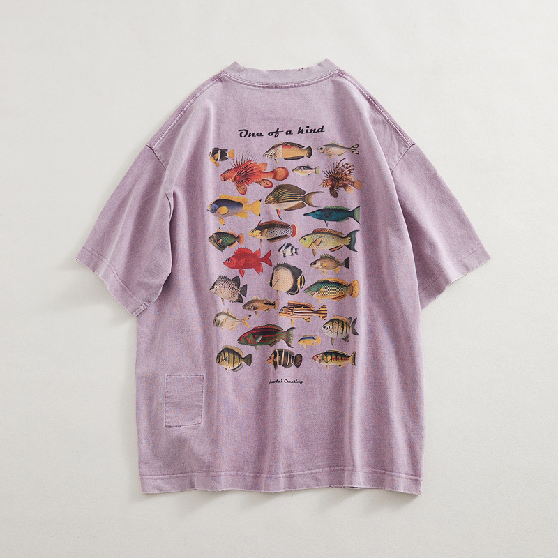 Zhongguo Manufacturing [Lure Fishing Illustrated Guide] Vintage Print Washed Short-Sleeve Crew Neck T-Shirt 350g