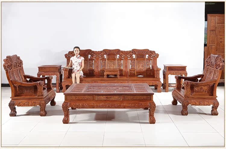 Hedgekey gỗ hồng mộc kỳ lân sofa mười một bộ phần lớn gỗ gụ sofa văn phòng sofa cổ điển nội thất gỗ gụ - Bộ đồ nội thất giường ngủ giá rẻ