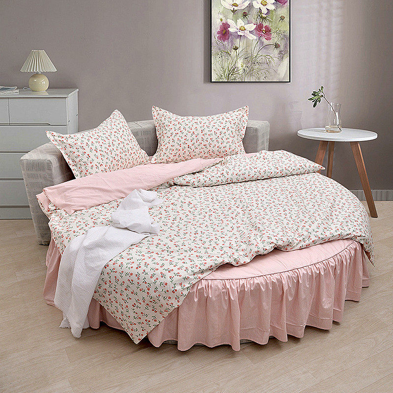 22 New cotton cotton bed four - piece skirt - style national wind - crushed flower suite round bed can be customized powder