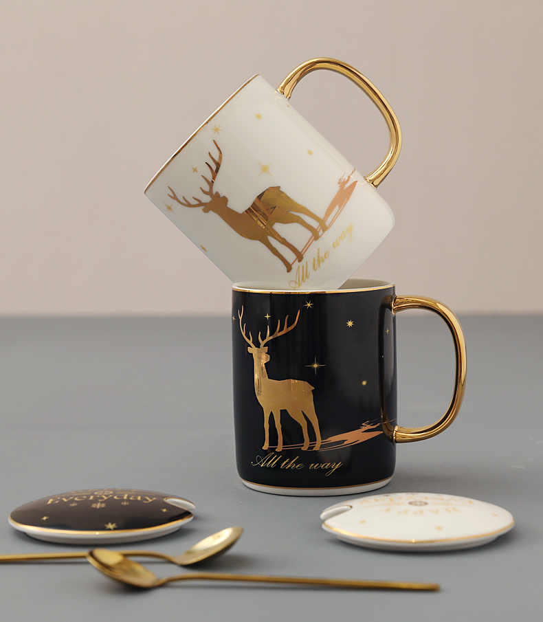 Nordic contracted literary elk mark cup with cover teaspoons of coloured drawing or pattern household glass ceramic cup constellation lovers coffee cup