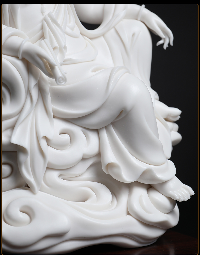 Yutang dai dehua white porcelain Su Youde porcelain carving of Buddha art furnishing articles 9 inches sitting cloud comfortable watching video