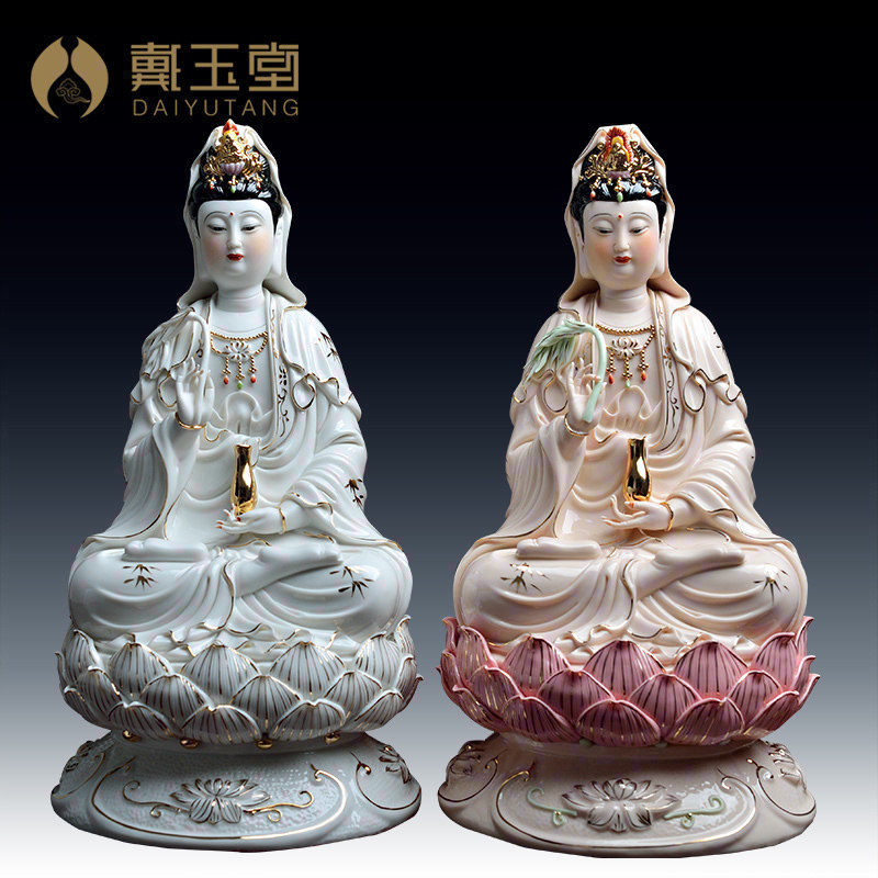 (50% discount on marriage) Buddha statue ceramic handicrafts dedicated to Guanyin Bodhisattva 14-inch gold color full lotus Guanyin