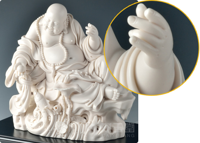 Yutang dai dehua porcelain its master Su Youde works show fish maitreya furnishing articles/9 inches by rock D29-26