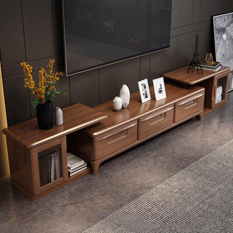 New Chinese Golden Silk Hupeach Wood Solid Wood TV Cabinet Retractable Wall Cabinet Tea Table Combination Modern Chinese Living Room Ground Cabinet
