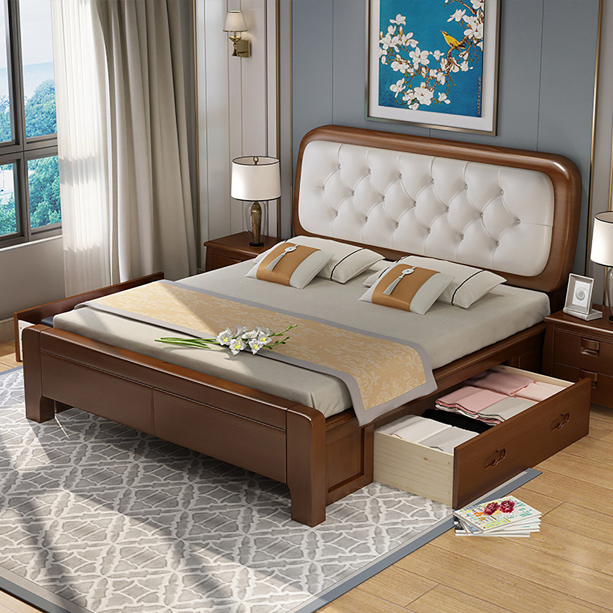 Solid wood single bed 1 2 meters small apartment type 1 35 storage bed modern simple 1 5m household small bed 1 8 meters soft backrest