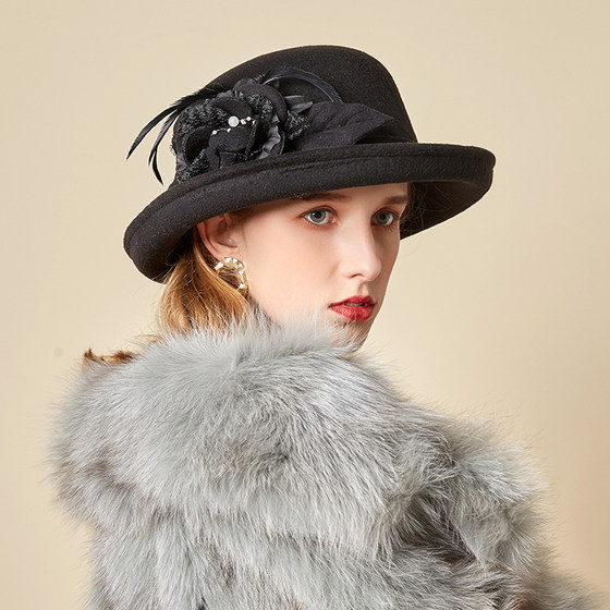 Autumn and winter new curled woolen hat with feathers and flowers British retro fisherman hat ladies ladies dinner hat