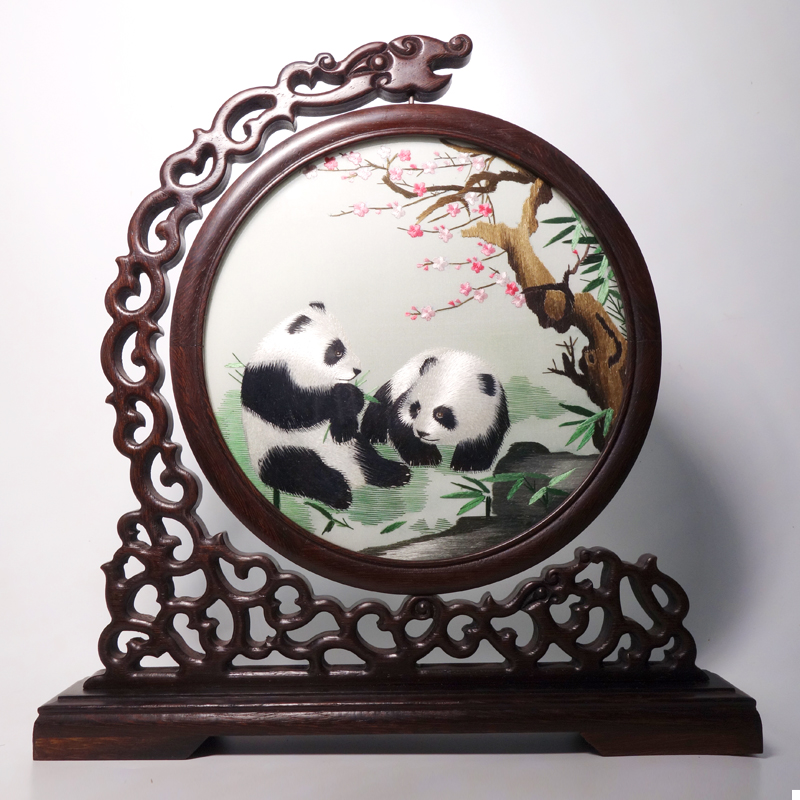 Embroidered Handmade Finished Products Pendulum Pieces National Treasure Panda Bifacial Embroidered Artwork Decorative Terrace Screen Foreign Affairs Business Gift