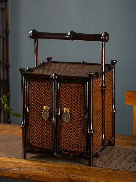 Bamboo Tea Pavilion Desktop Tea Box Tea Cabinet Tea Set Storage Cabinet with Drawers Bamboo Woven Carrying Box Bamboo Furniture