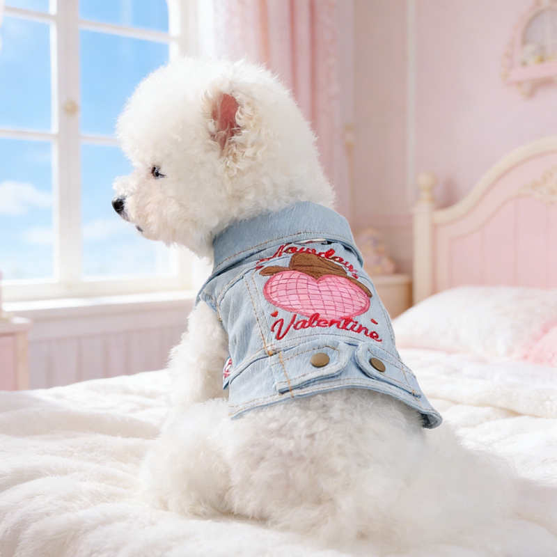 Hello Valentine's Day Denim Jacket Pet Clothes Dog Teddy Panda Spring and Autumn Sleeveless Stylish Coat