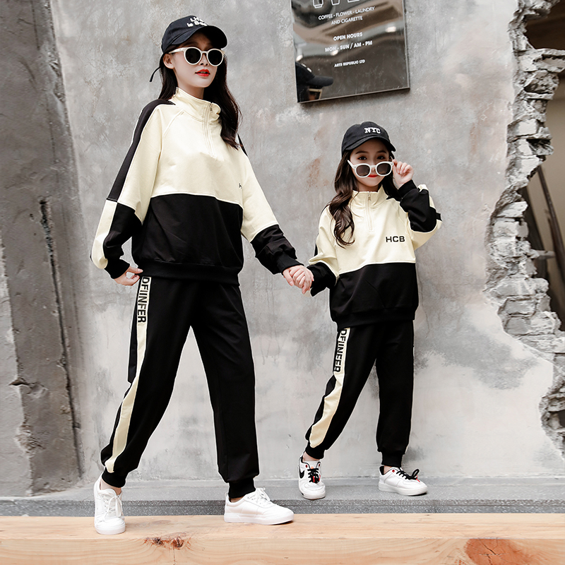 Parent-child autumn clothing 2022 new trendy mother-child mother-daughter clothing net red sports two-piece suit girls stand-up collar fashion thick T-shirt