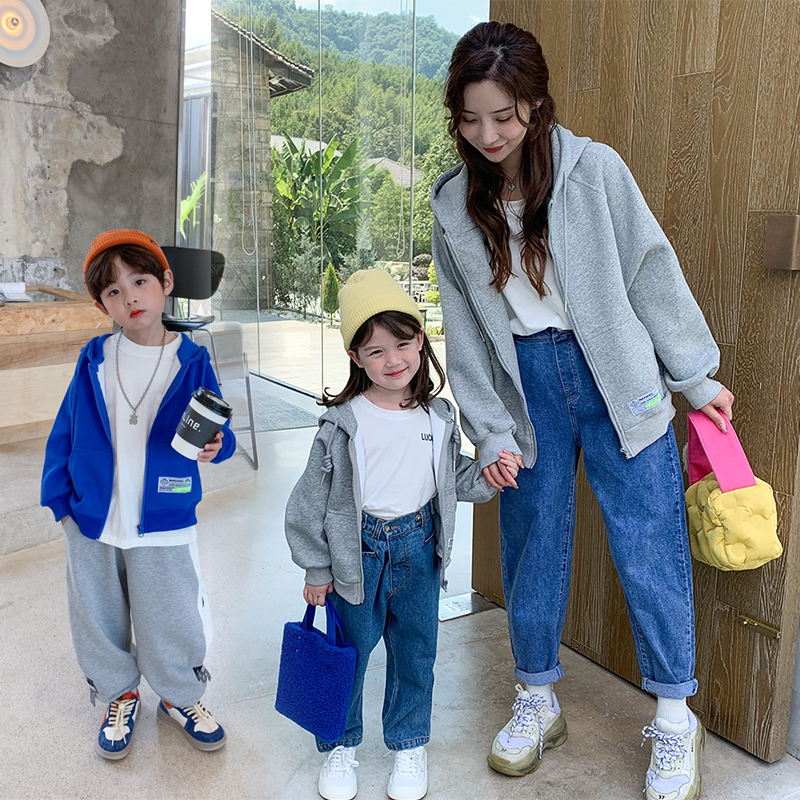 Fried street parent-child wear 2022 autumn new thick cotton T mother-child mother-daughter Korean version Western style loose hooded cardigan jacket