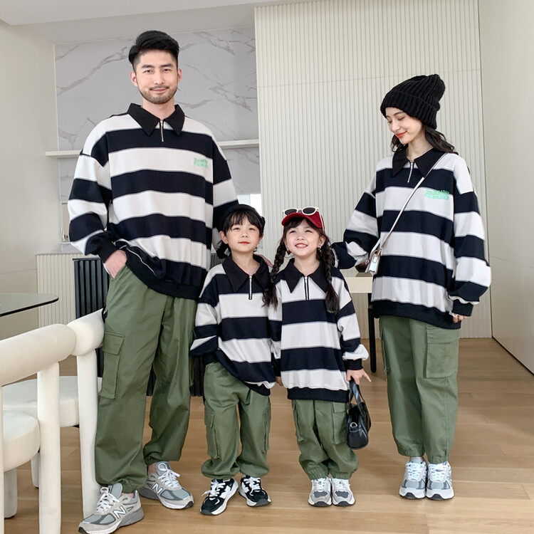 Parent-child sweater 2022 new polo collar black and white striped top Korean version loose lapel family of four autumn clothes trend