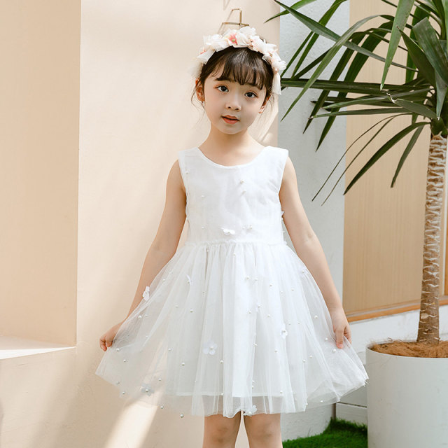 Girls summer dress princess dress 2023 summer new foreign style sleeveless vest mesh tutu skirt white dress special