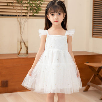 Girls princess dress summer style 2023 children's summer dress new style fluffy yarn short-sleeved white dress dress special