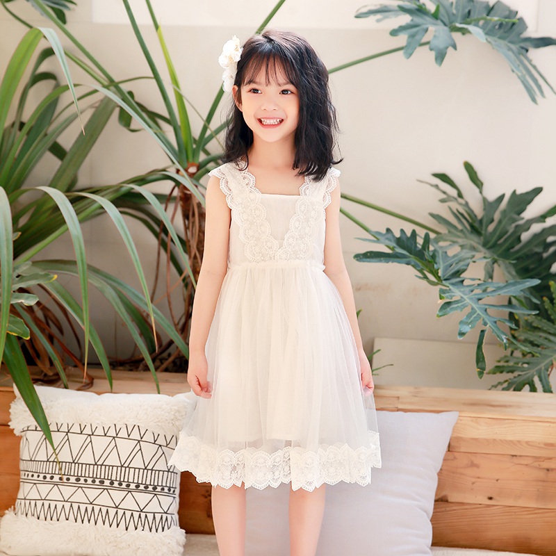 Girl Summer Dress Ocean Dress 2022 Summer New White Fluffy Dress Girl Yarn Children Vest Princess Dresses