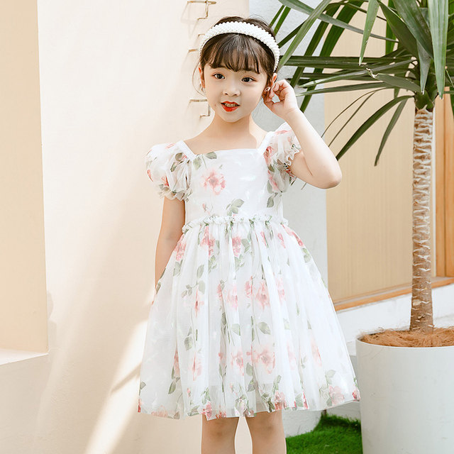 Girls summer fluffy gauze skirt 2023 summer new children's western style little girl printed princess dress skirt