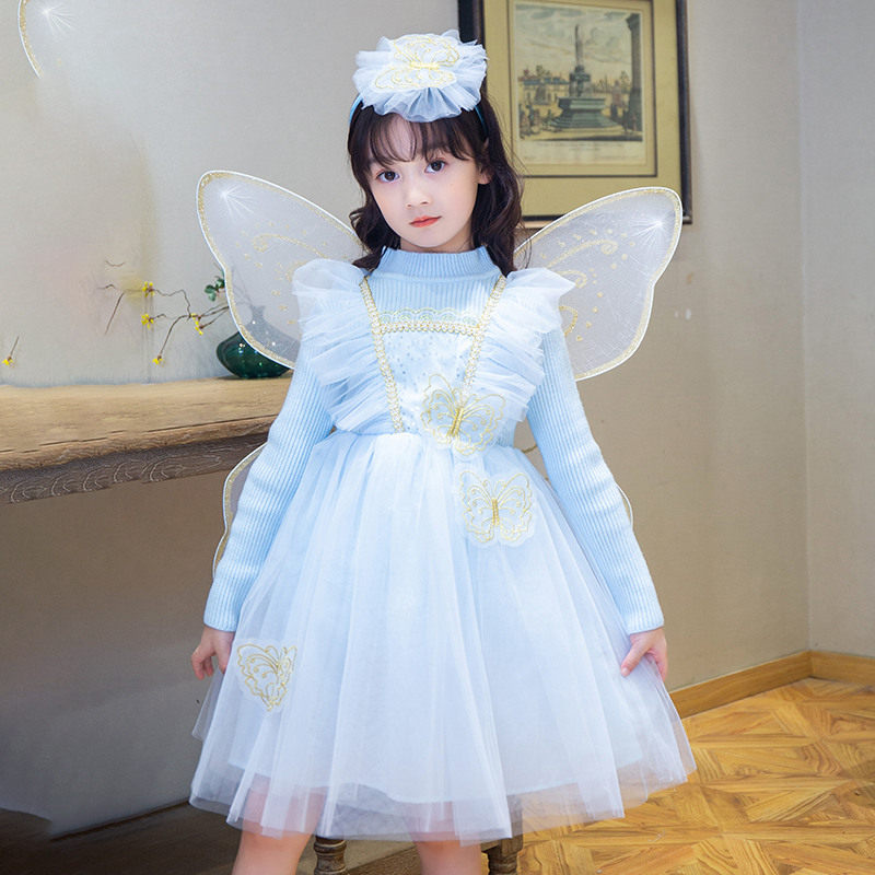 Girls princess skirt children autumn and winter air fluffy flutter butterfly wings plus fleece knit sweater dress dress