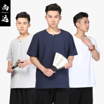 Shang Yuan monk short-sleeved T-shirt Chinese style Tang suit Cotton Linen T-shirt Hanfu Mansuit Tea Served with Monk Fu
