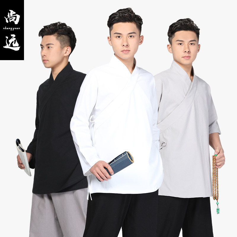 Shangyuan monk layman Hanfu shirt slanted lapel V-neck short-sleeved T-shirt Chinese style meditation clothes layman clothes