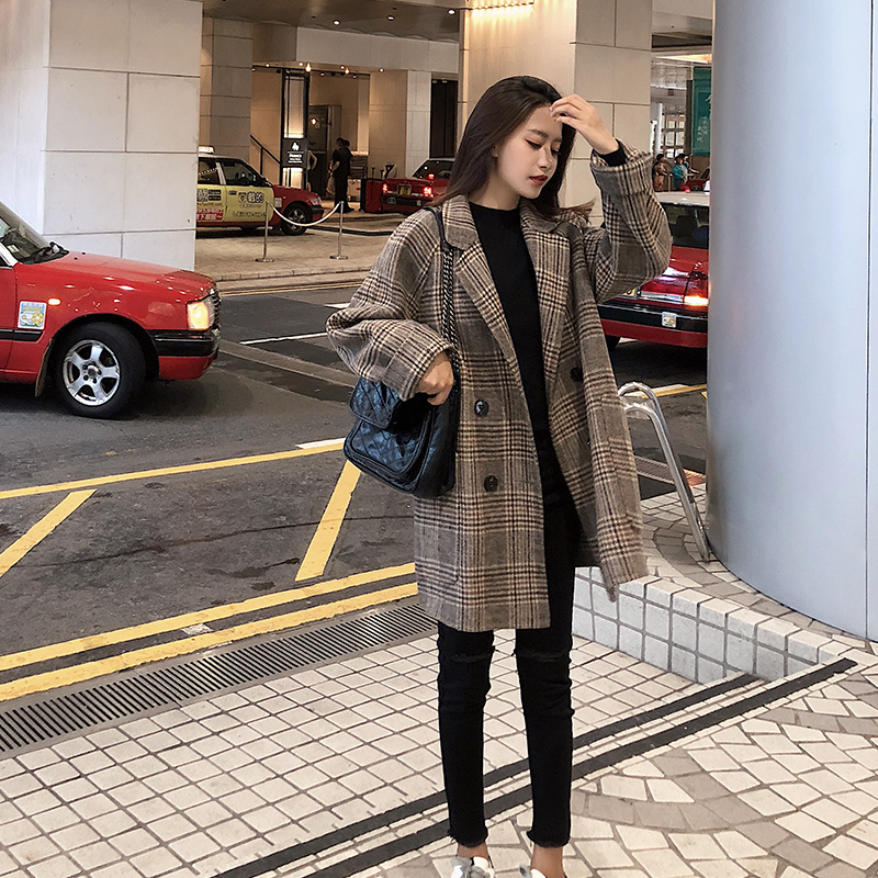 Plaid wool coat women's 2020 autumn and winter new popular wild Nizi medium and long version of houndstooth coat tide