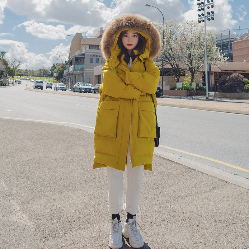Yellow down cotton clothes female medium long version 2021 Winter new Korean version Chains Chains overfire thickened cotton padded jacket