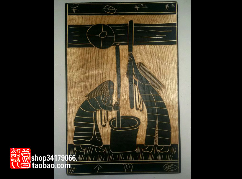 (Old object decoration craft gift decoration) 1990s hand-carved ethnic style black and white woodblock print pendant D