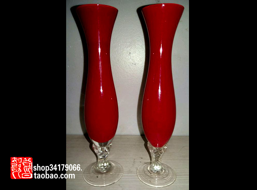 (Old object decoration craft gift decoration)1980s coral red glass small vase (pair)