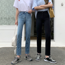 Big-yard black elastic jeans girl 2021 new fat sister mm spring and summer show thin waist nine straight pants