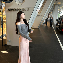 Yang Lengleng Lengleng Glass Satin 2024 Spring Dress New Pink Fishtail Skirt Temperament Mid length Skirt for Women