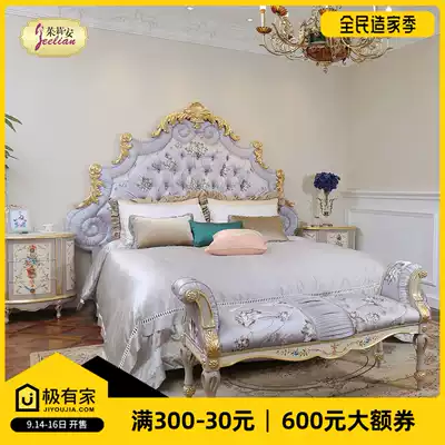 Julian law style princess style luxury solid wood gold foil carved tobacco purple fabric big bed bedside table dressing table