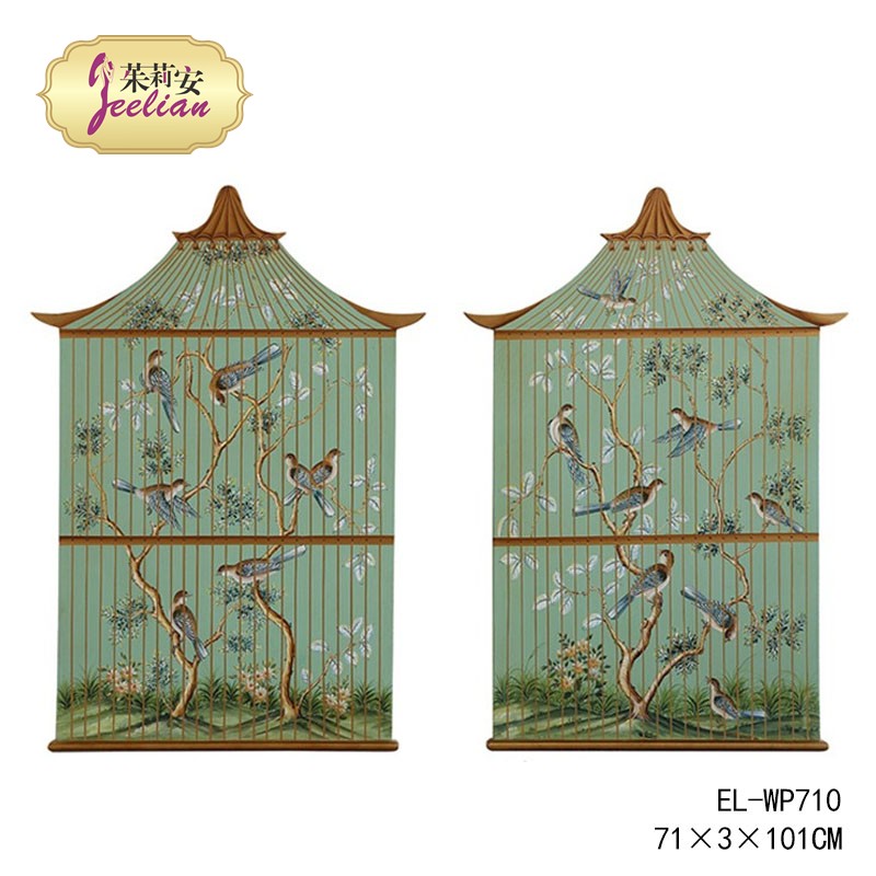 American Neoclassical bird cage hanging painting Hand-painted flowers and birds painting French green villa model room hanging painting mural pair