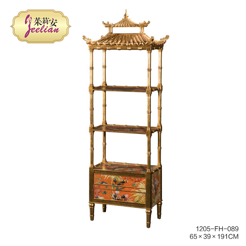 Julianne European-style retro made of old hand painted birch wood solid wood roof shaped gold leaf orange red shelf