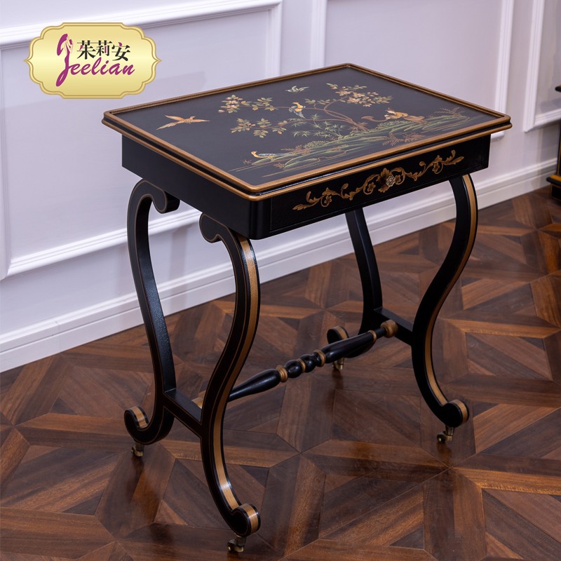 Julie Ann New Chinese small corner a few brown cracks lacquered figures Flowers Bird Bend Corner One Bucket Tea Table with brass wheel feet