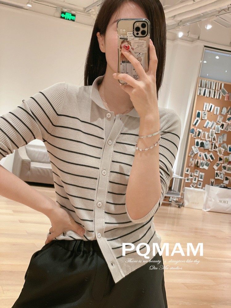 60 branch CHAO fine and fine spinning pearl mulberry silk striped blouse ~ retro-striped cardiovercoat