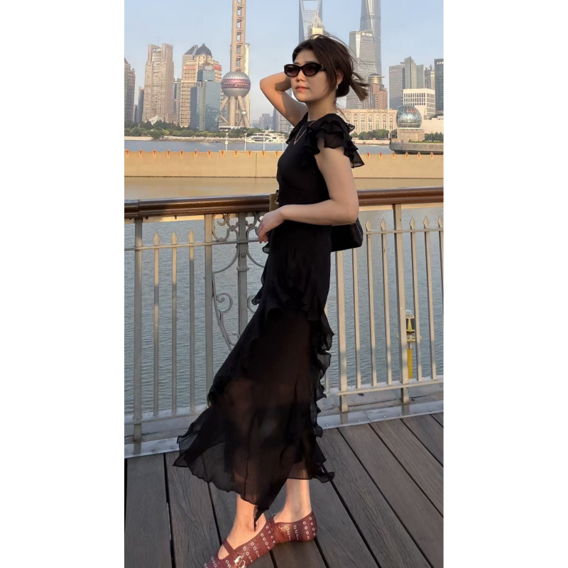 Unywang 【Tulip】 Georgette Crepe De Chine Silk Ruffle Dress