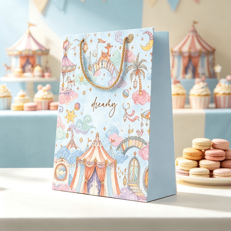 Sweet and Fresh Hand-Painted Cartoon Gift Bag with White Cardboard and Three-Strand Rope Handle for Birthday Party Favors